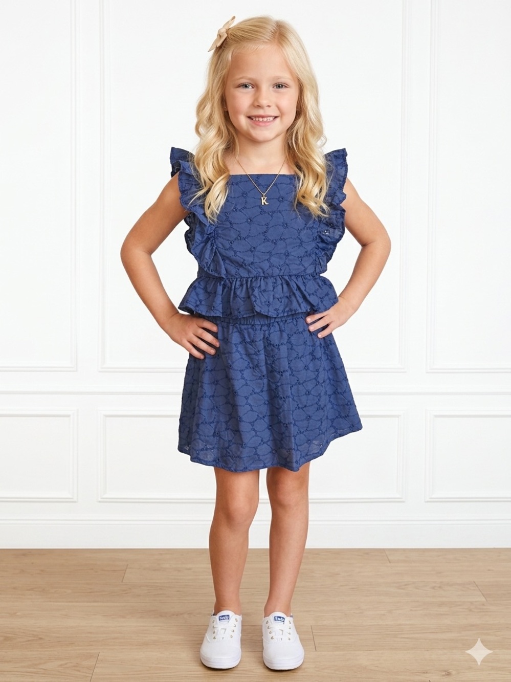 Tahari Girl Outfit Set Skort  12 Navy Blue Sleeveless Summer Casual Embroidered